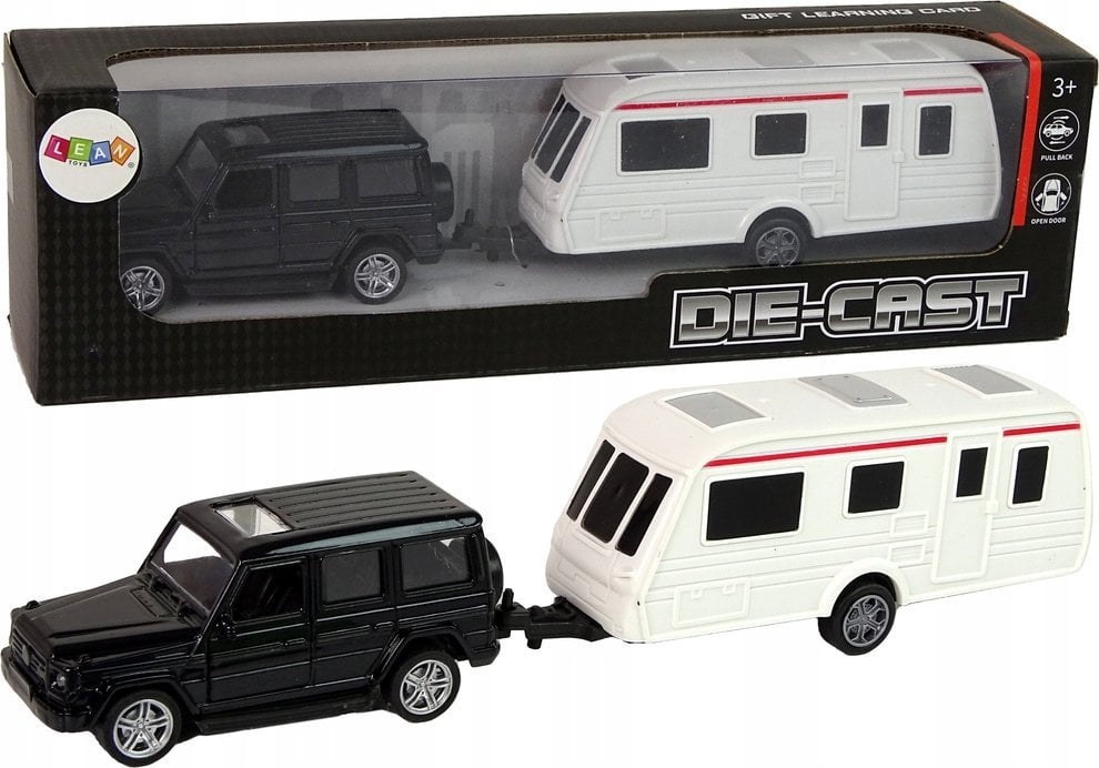 LeanToys Zestaw Pojazdów Jeep Czarny Przyczepa Kempingowa Metalowe Elementy