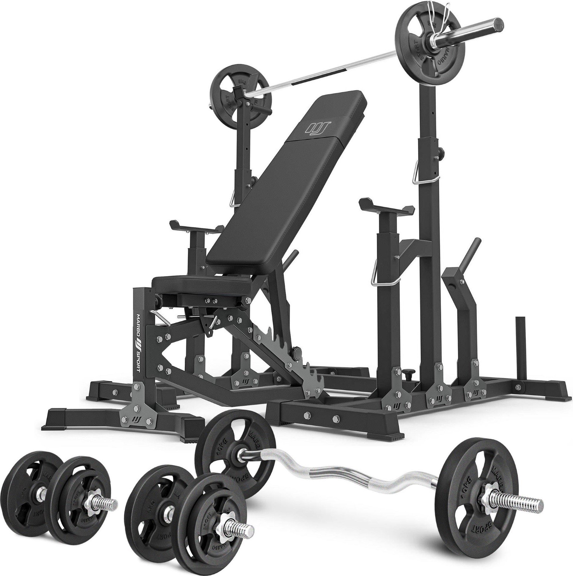 Zestaw MS11_2.0_83KG | dwustronnie regulowana ławka treningowa + stojaki regulowane + zestaw gryfów i obciążeń 83 kg - Marbo Sport