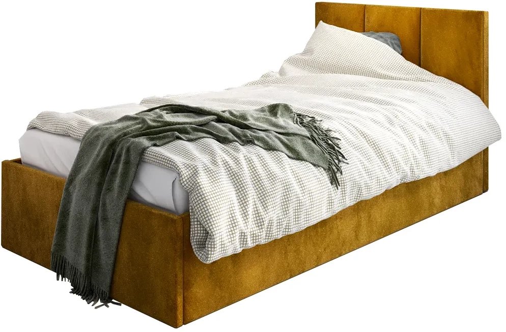 Łóżko młodzieżowe VIVO 120x200 curry z tapicerowanym panelem i pojemnikiem na pościel MKPOL