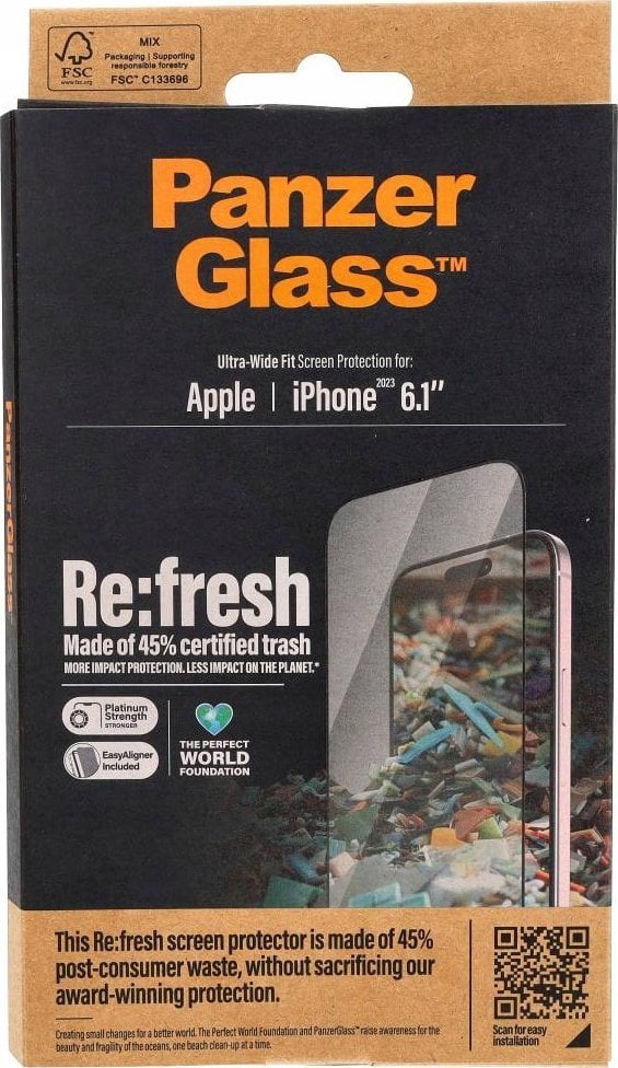PanzerGlass Re:fresh Glass iPhone 15 6.1" Ultra-Wide-Fit Screen Protection Easy Aligner 2821