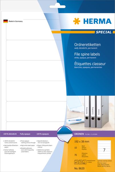 Herma Etykiety Special na segregatory, A4, białe, papier matowy nieprzejrzysty, 70 szt., zaokrąglone narożniki. (8620)
