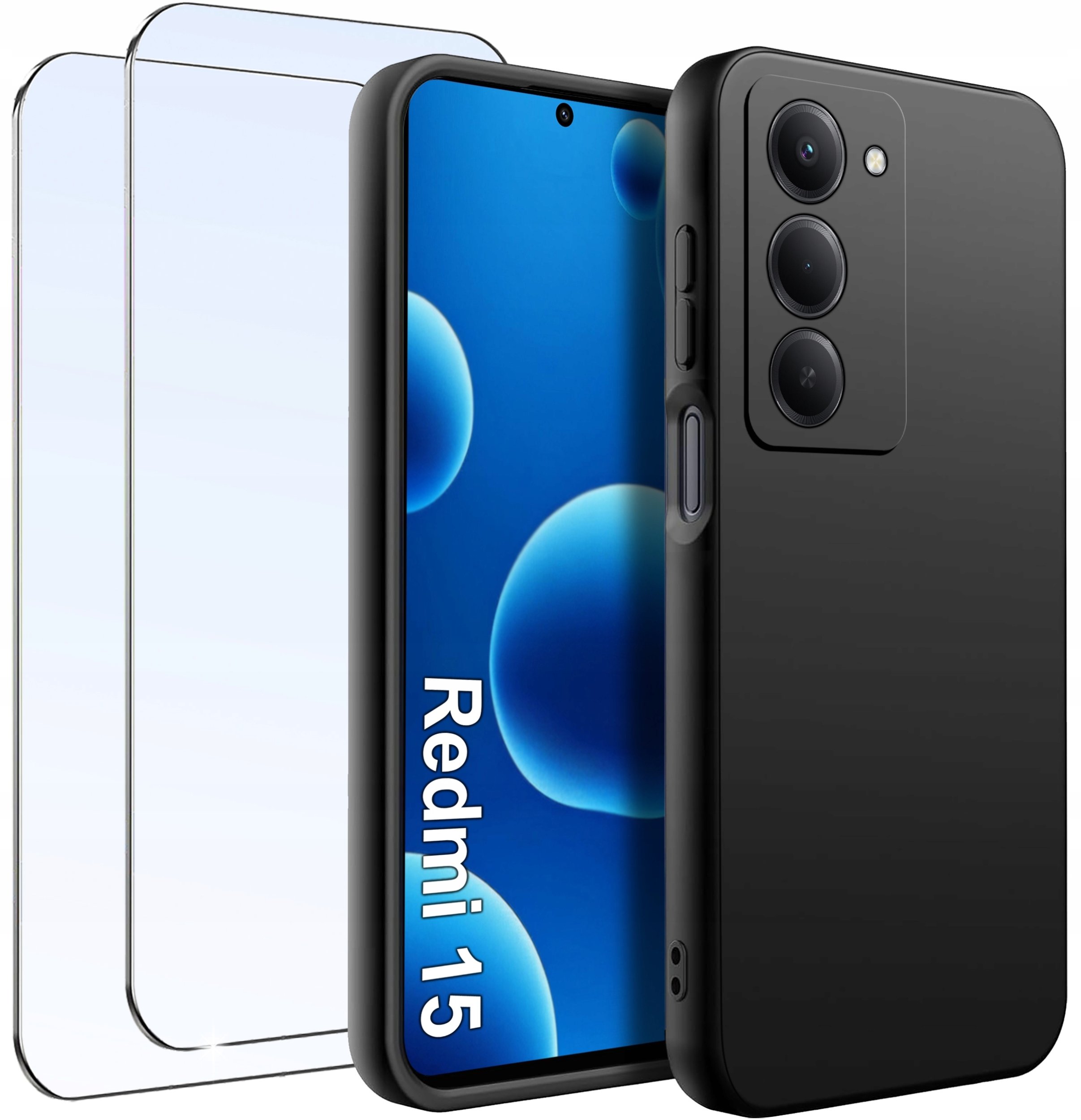 4kom.pl ZESTAW Etui do Xiaomi Redmi 15 4G|5G Matowy Czarny Silikon Slim 2 SZT SZKŁO