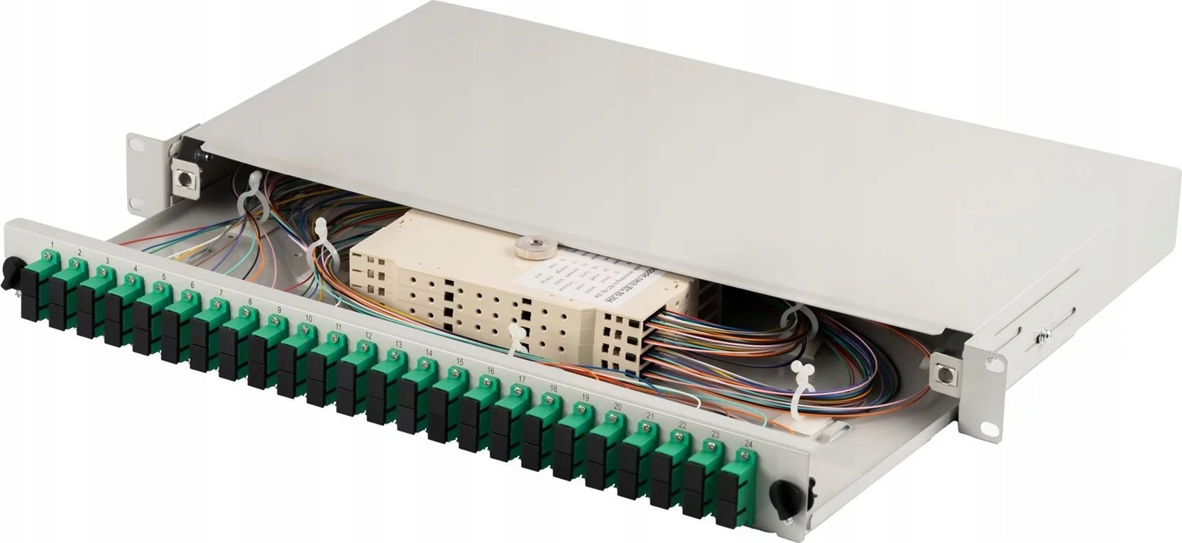 Panel krosowy FO z wyposażeniem 19'' 1U, 24x SC APC dx, OS2, pigtaile, adaptery, tacki, szary