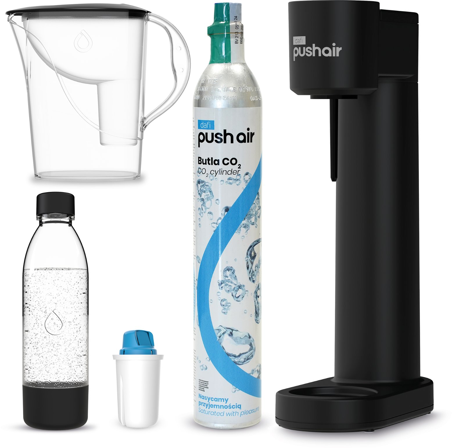 PushAir Saturator Czarny Nabój Butelka 0,7 + Dzbanek z Filtrem Mg+ Cl