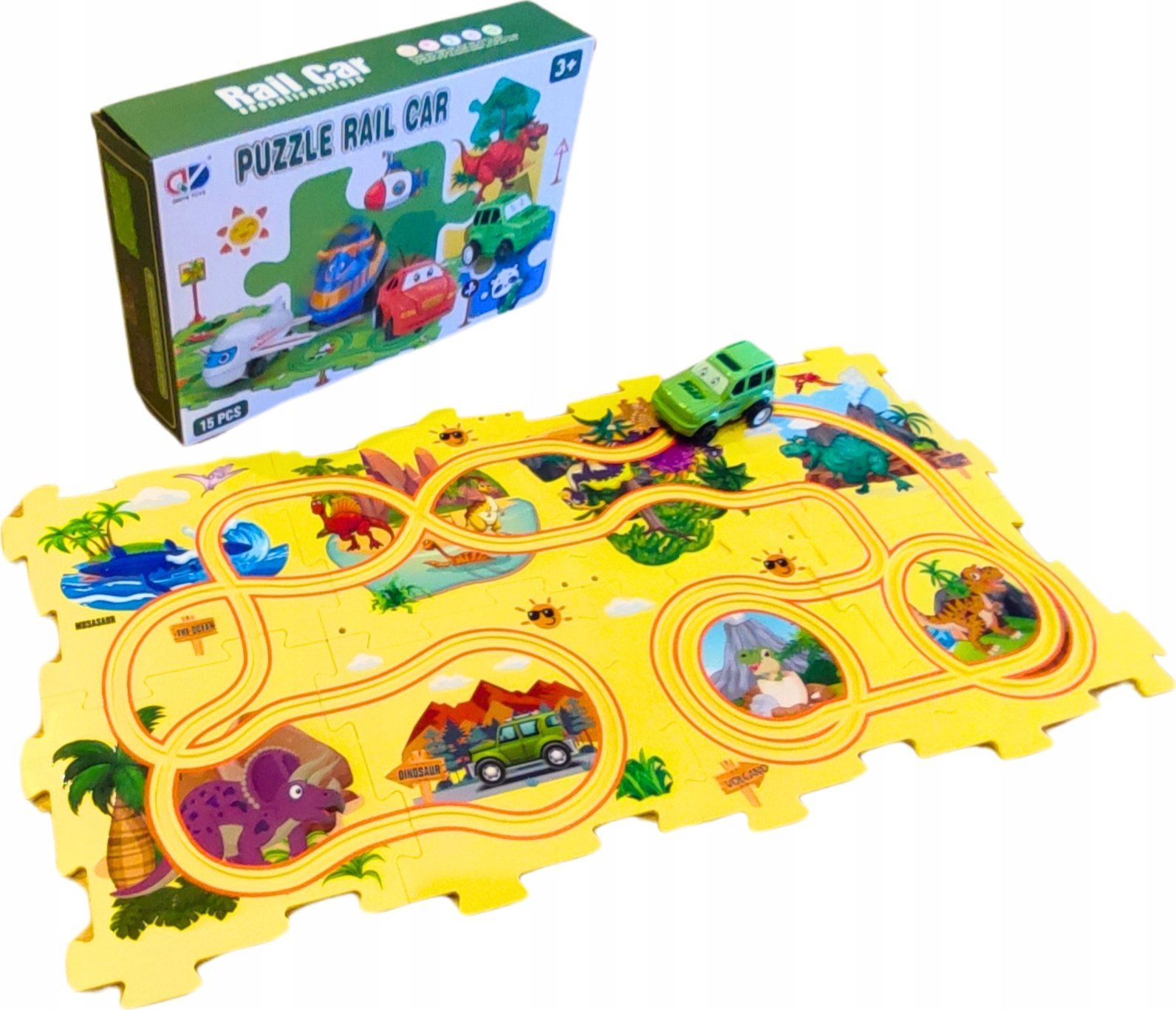 OWL-TECH TOR SAMOCHODOWY KREATYWNE PUZZLE DINOZAUR PARK AUTKO 15 el. PUZZLE RAIL CAR