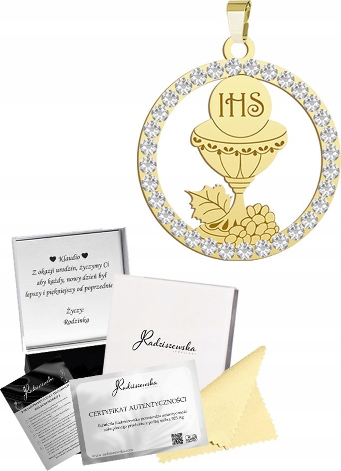 Radziszewska Jewellery Złoty Medalik na KOMUNIĘ Hostia z Kielichem SREBRO 925 Prezent GRAWER