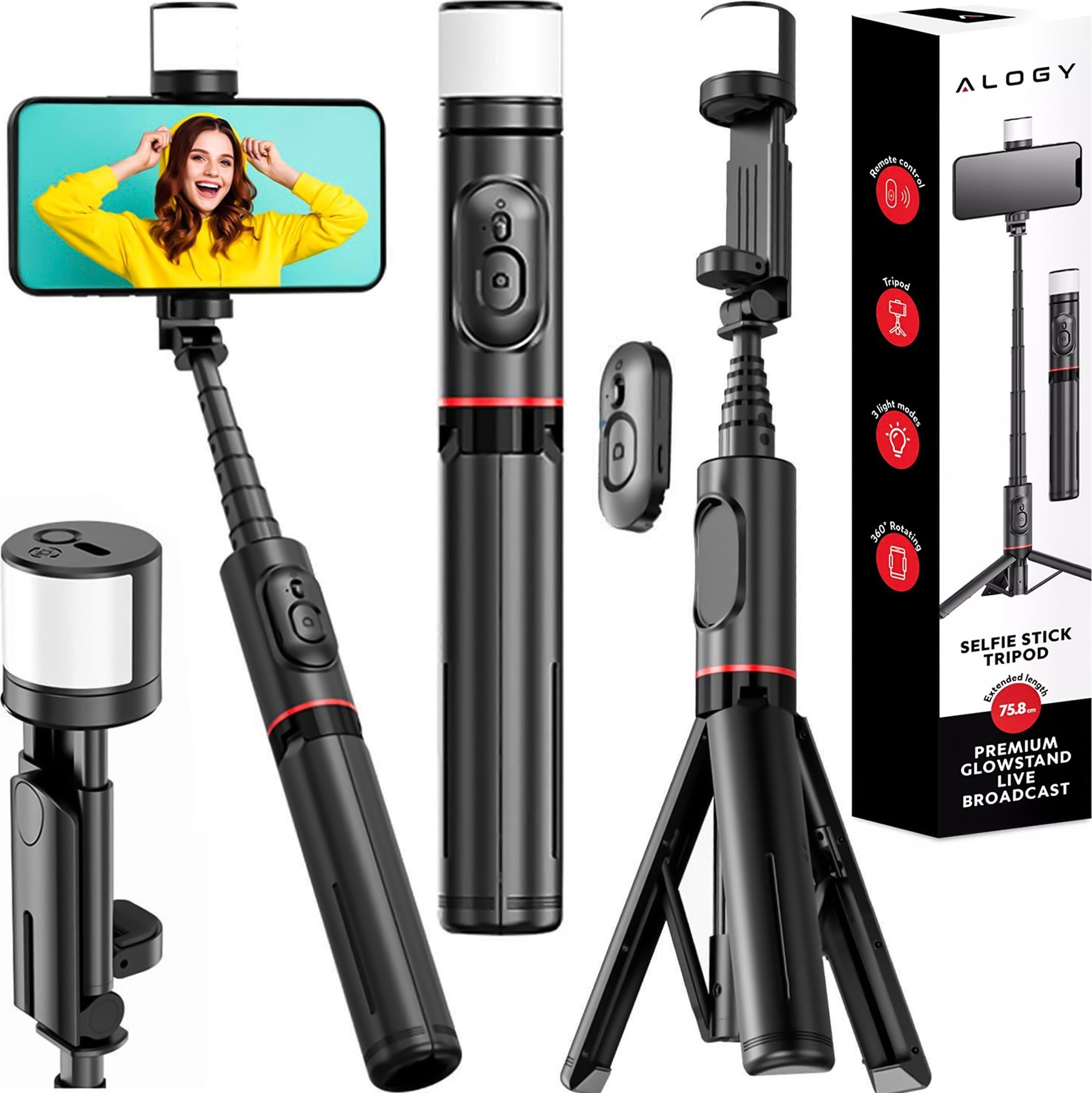 Selfie stick Alogy Selfie stick kijek Bluetooth Alogy Statyw Tripod uchwyt do telefonu zdjęć z pilotem 75.8cm czarny