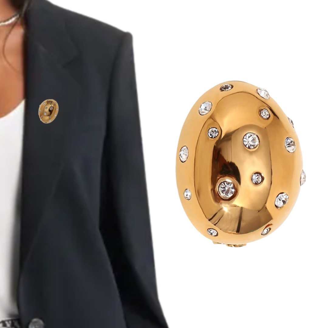 Broszka złota stal jajo kamień z cyrkoniami elegancka ozdoba na agrafkę