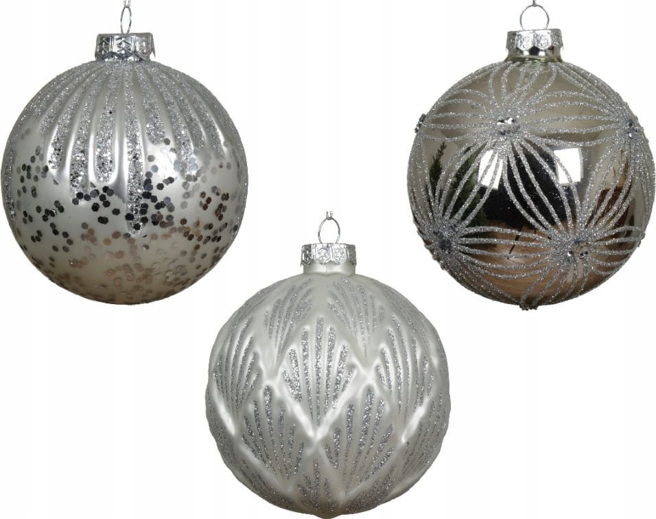 Kaemingk Srebrna bombka choinkowa szklana 10cm brokatowa 1szt