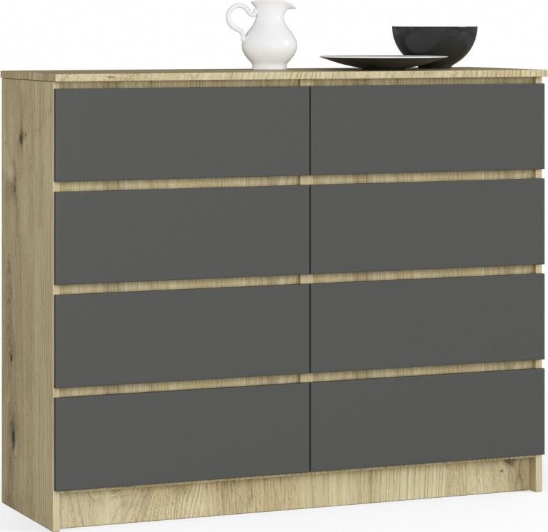 Fabryka Mebli Akord Komoda do salonu K 120 cm 8 szuflad - dąb artisan-grafit szary