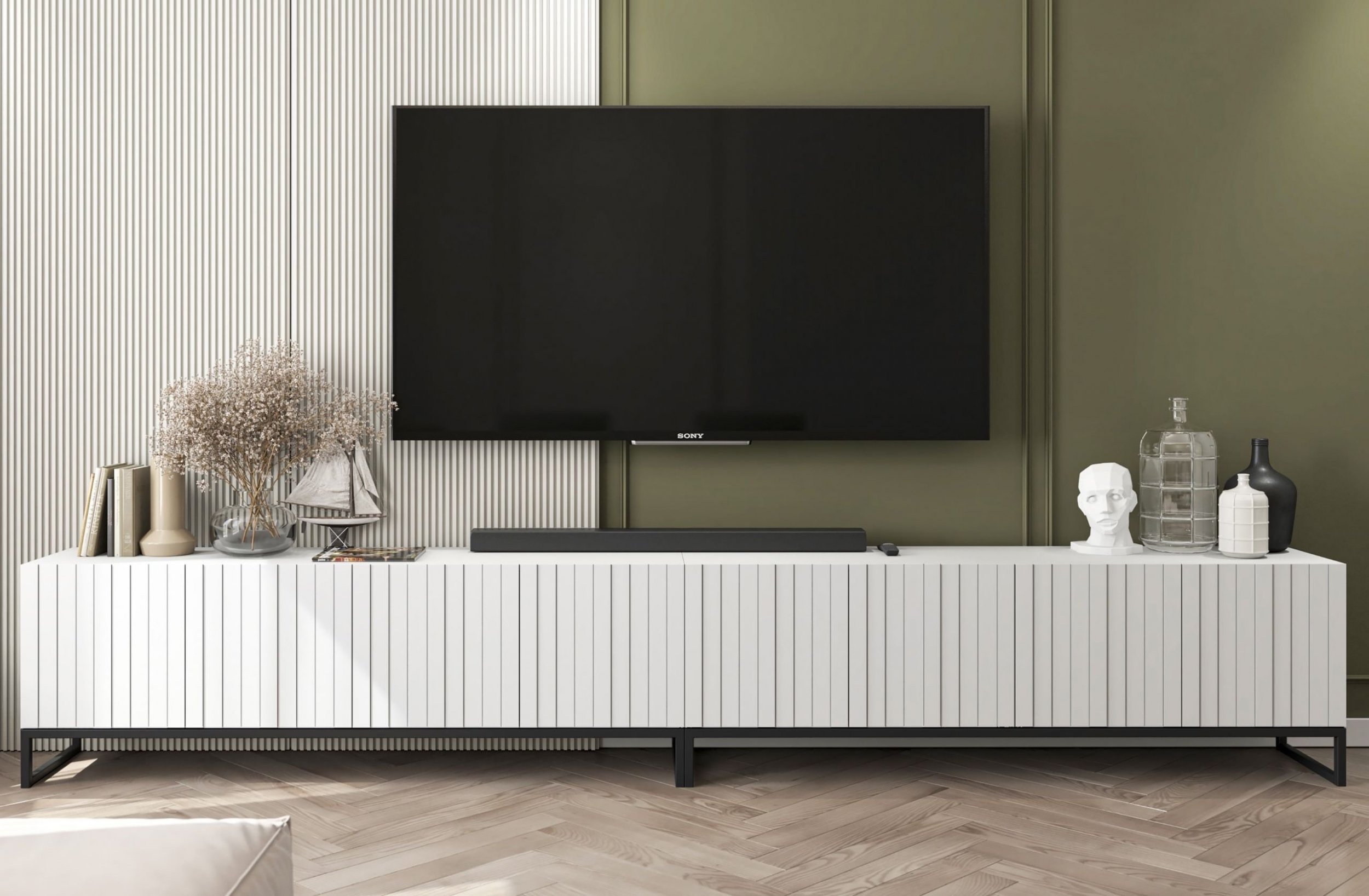 Meble Lindner Komoda RTV Loft Nowoczesna Szafka RTV Biały Mat Glamour Ryflowane Fronty 300 cm Rama Loft