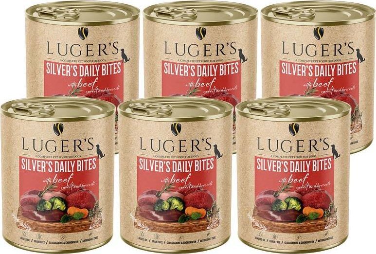 Karma mokra dla psa Luger's Silver's Daily Bites z wołowiną, marchewką i brokułem zestaw 6 x 800 g