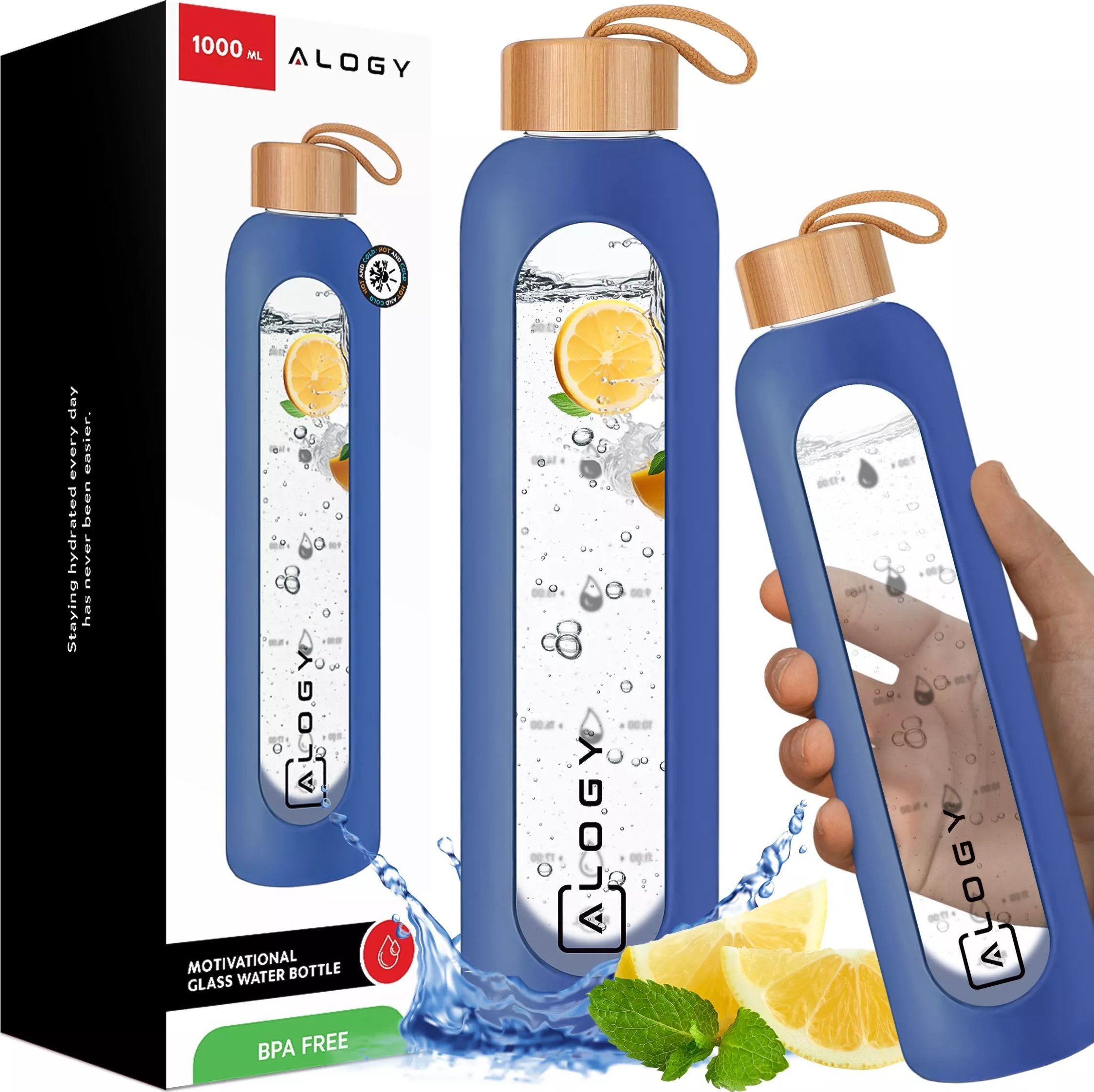 Alogy Butelka szklana duża bidon na napoje do picia Miarka motywacyjna 1l 1000ml etui silikonowe Niebieska