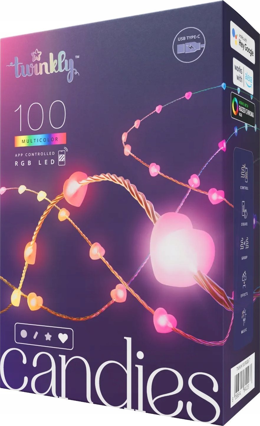 Lampki choinkowe Twinkly Twinkly Candies – 100 Lampki w kształcie serc RGB LEDs, przezroczysty przewód, USB-C