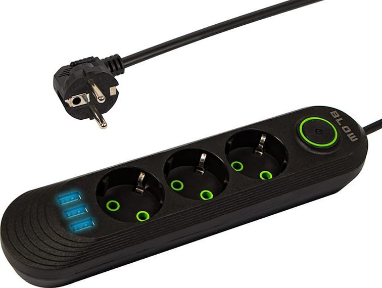 Blow 98-214# Przedłużacz sieciowy ps-330 3-gniazda 3xusb 3m czarny 2x1mm