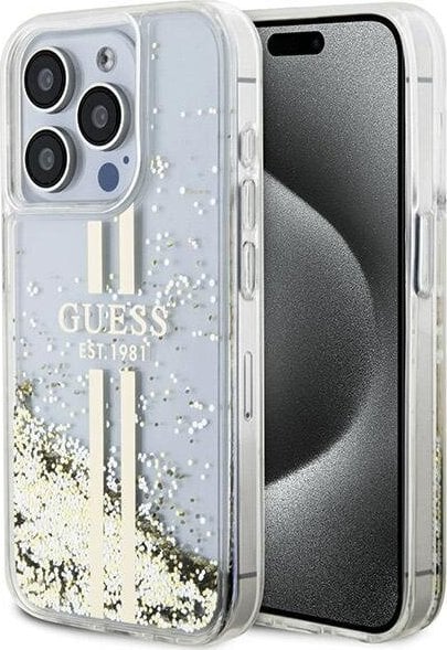 Guess Guess GUHCP15LLFCSEGT iPhone 15 Pro 6.1" transparent hardcase Liquid Glitter Gold Stripes