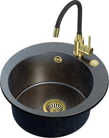 Zlewozmywak Steiner ART JAMES 210 (Ø51x20) Steingran Art Gold Black Pearl z syfonem manualnym, baterią Maggie PVD i zaślepką - czarny opalizacja złota