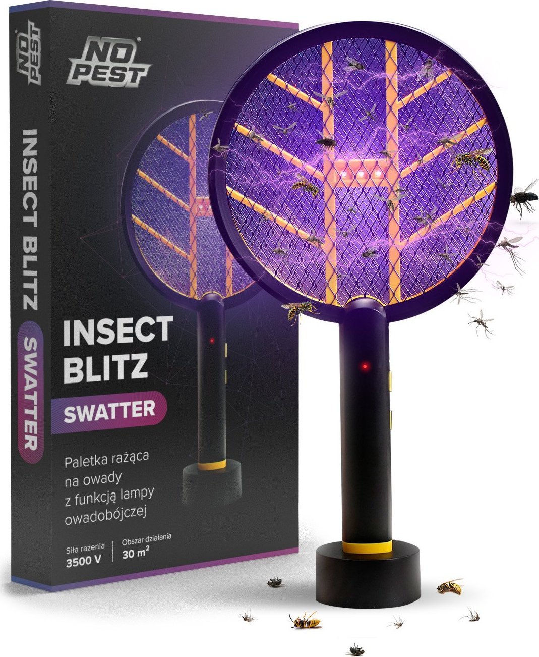 NO PEST Elektryczna Packa Paletka Łapka Insect Swatter Lampa Owadobójcza Lampa na Komary Muchy Ćmy i Inne Owady