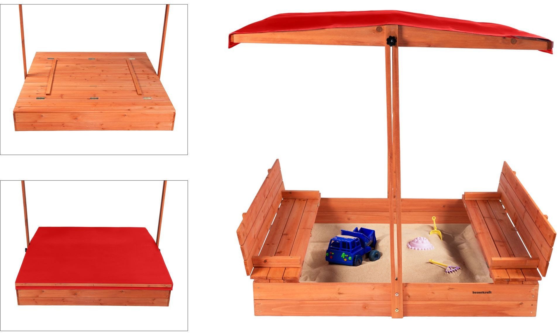 Drewniana piaskownica ogrodowa z daszkiem impregnowana zamykana z ławkami 120x120 czerwona