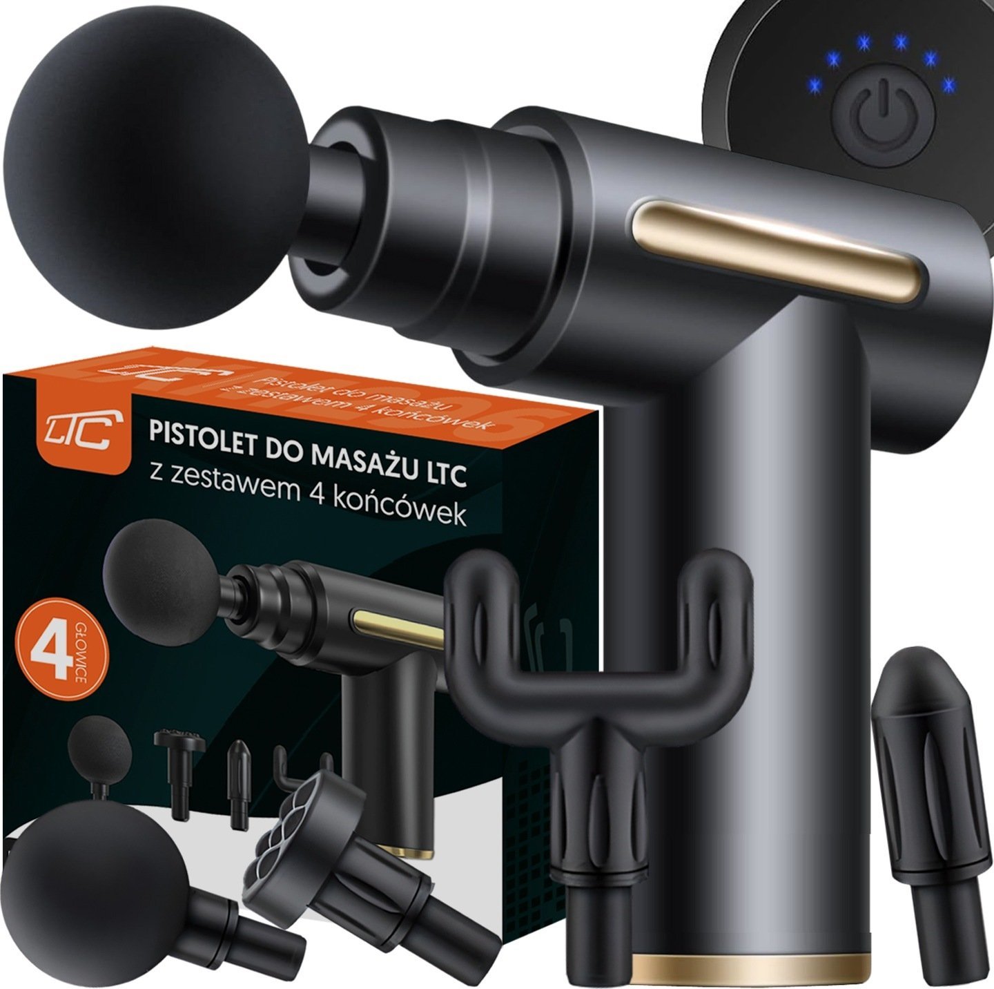 MASAŻER Pistolet do masażu LTC z zestawem 4 końcówek Czarny