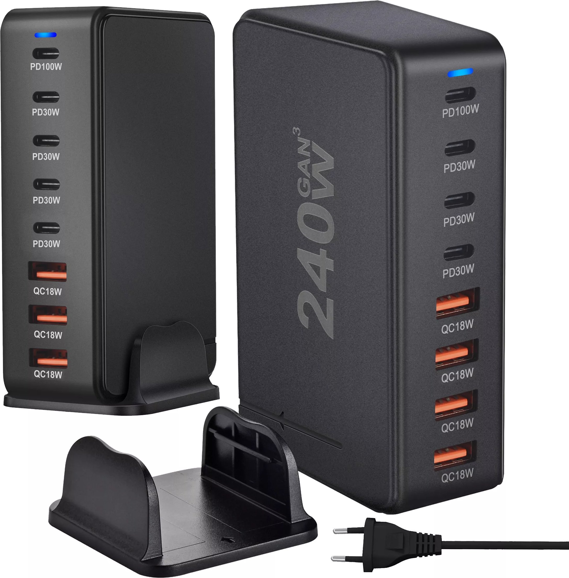 Ładowarka sieciowa 8w1 Ultra Szybka 240W GaN3 4x USB-C 4x USB Alogy Fast Charger Czarna