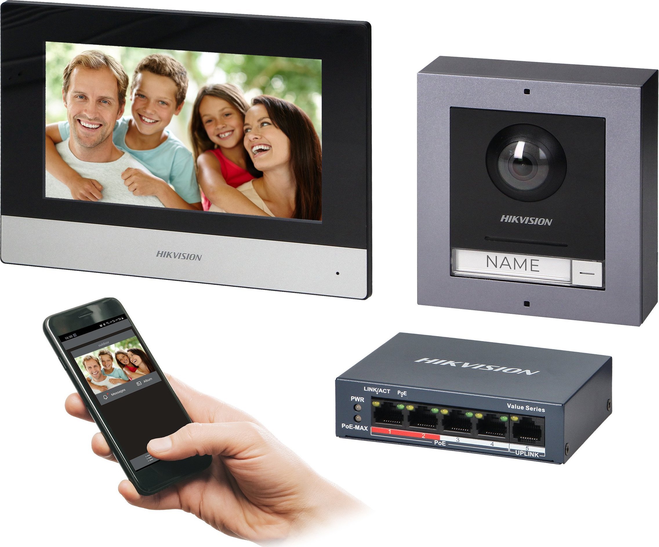 Orno HIKVISION DS-KIS602(B) zestaw wideodomofonowy PoE jednorodzinny z monitorem dotykowym 7" z WiFi, panelem zewnętrznym z kamerą FullHD i PoE switch