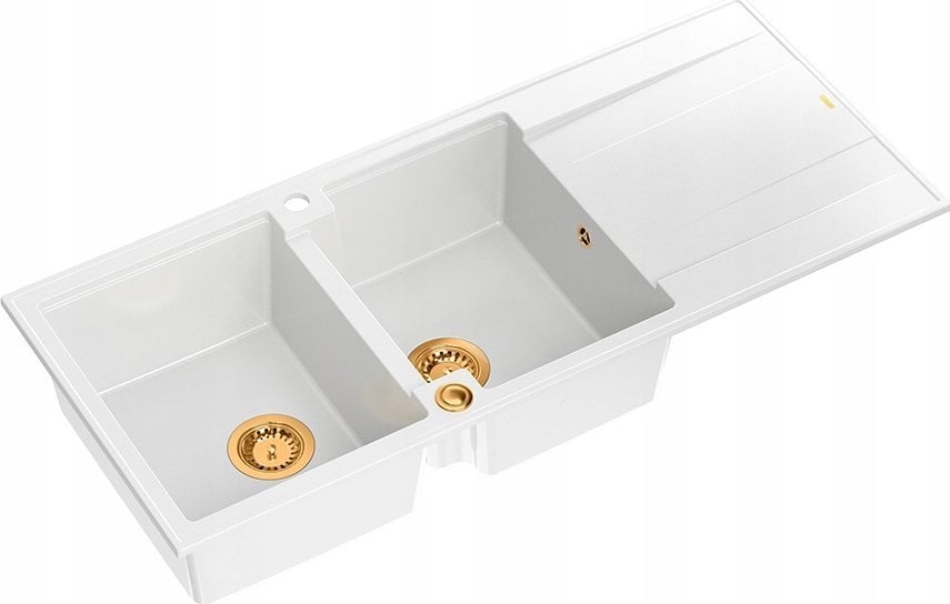 Zlewozmywak GraniteQ EVAN 121 GraniteQ zlewozmywak z syfonem Push To Open 2-komorowy z/o (1160x500x210; kom. 420x340) snow white / elementy miedziane