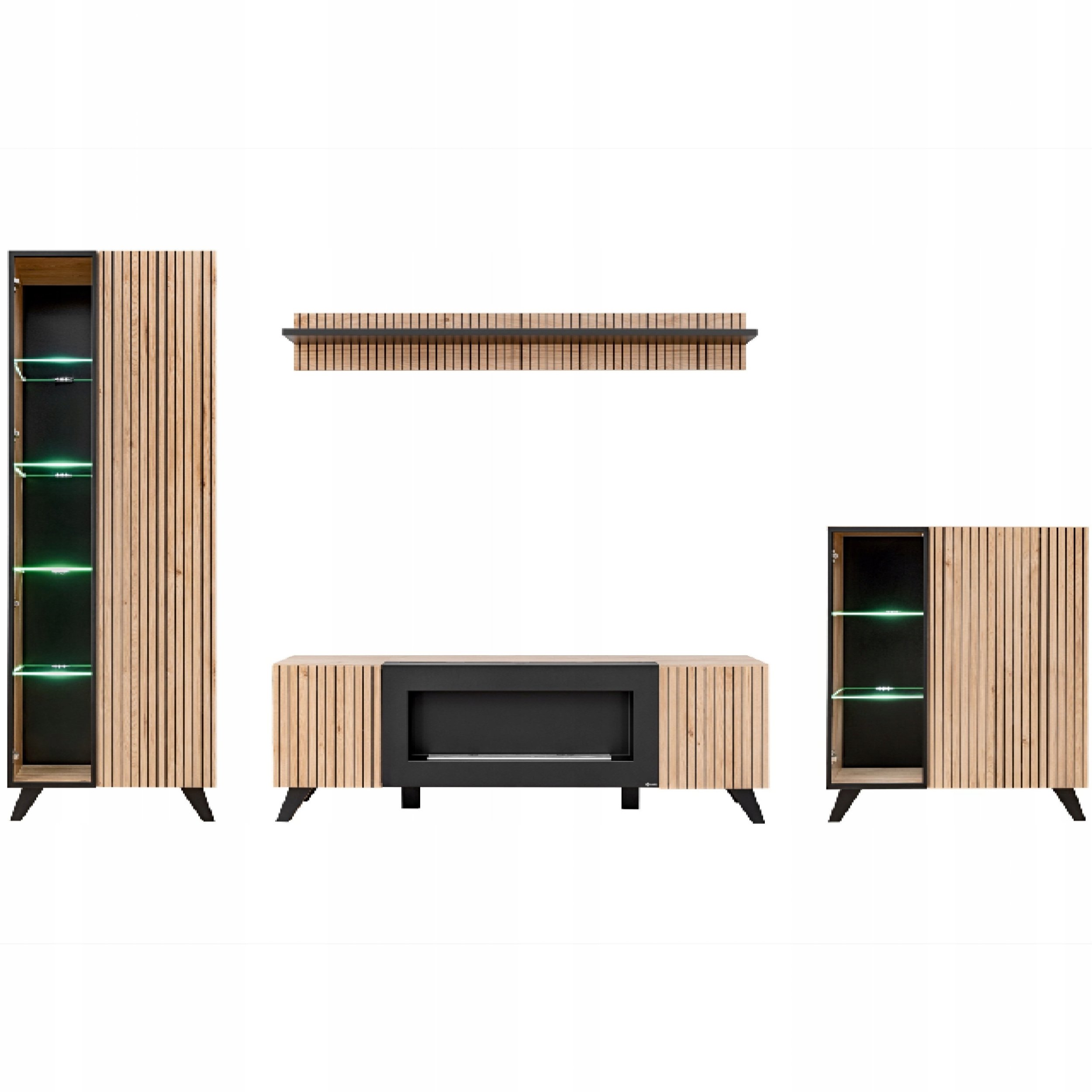 Zestaw Mebli LIAM z biokominkiem RTV do salonu | LED | Dąb + Czarny Mat