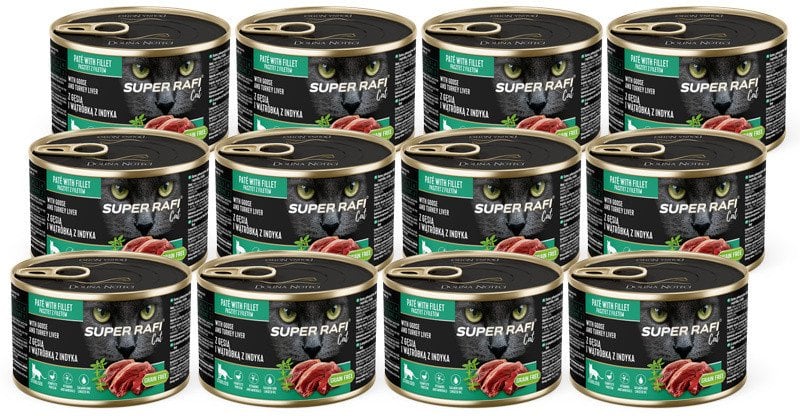 Karma mokra dla kotów sterylizowanych Super Rafi Cat z gęsią i wątróbką z indyka zestaw 12 x 185 g