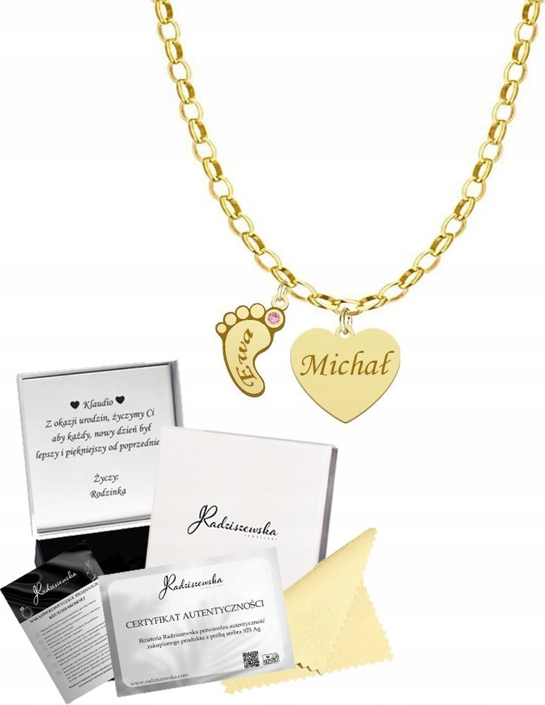 Radziszewska Jewellery Złoty Naszyjnik Serce Stópki z GRAWEREM Prezent SREBRO 925 DEDYKACJA GRATIS