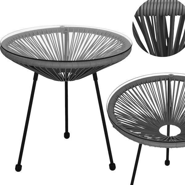 Springos Stół ogrodowy rattanowy ze szklanym blatem 50 cm okrągły stolik na balkon czarno-szary UNIWERSALNY