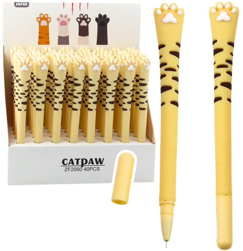 Długopis Żelowy Kocia Łapka Niebieski Tusz Zatyczka Paski Żółty 16,5cm LEAN
