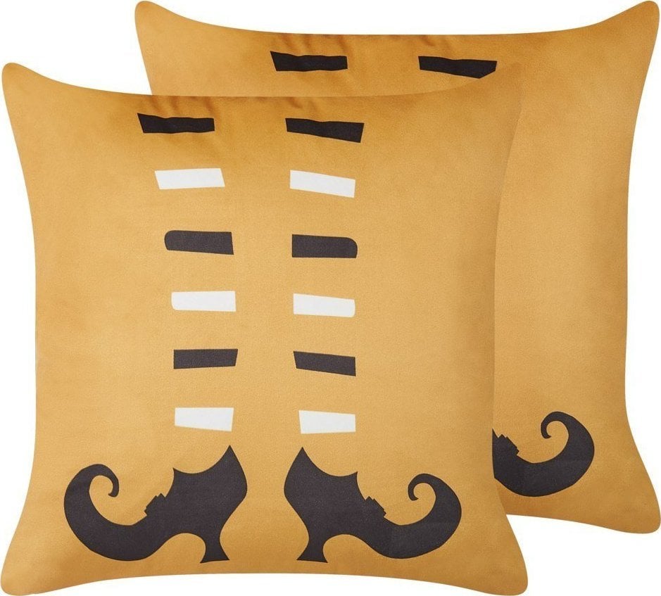 Beliani 2 Welurowe Poduszki Dekoracyjne Z Motywem W Buty Wiedźmy 45 X 45 Cm Pomarańczowe Covasna!