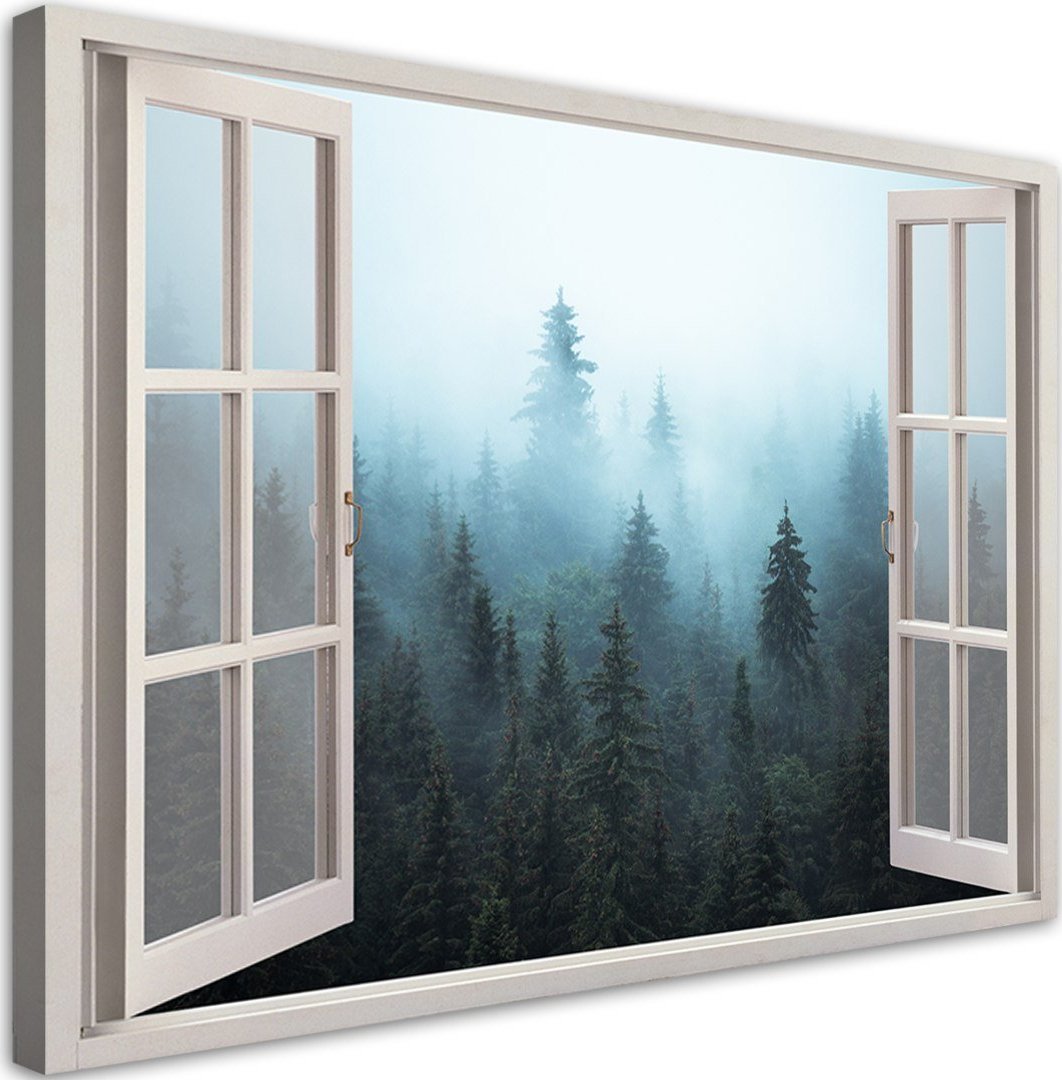 Feeby Obraz na płótnie, Okno widok Las we mgle natura - 120x80