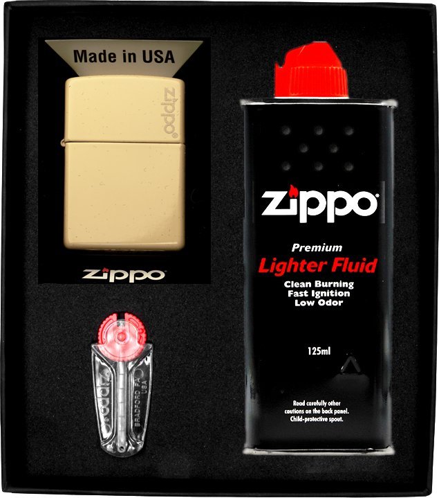 Zestaw ZIPPO Zapalniczka FLAT SAND LOGO Prezentowy No1