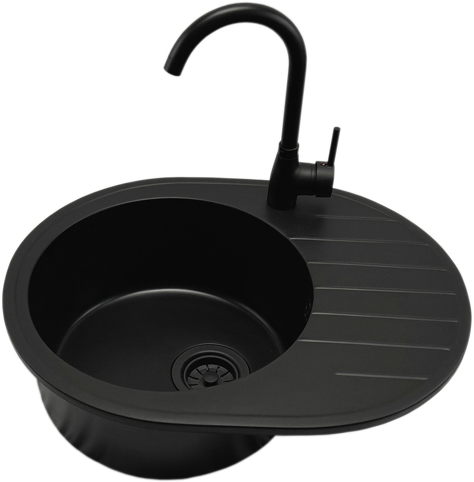 Zlewozmywak jednokomorowy VISTA czarna z prawym ociekaczem + bateria LUNA