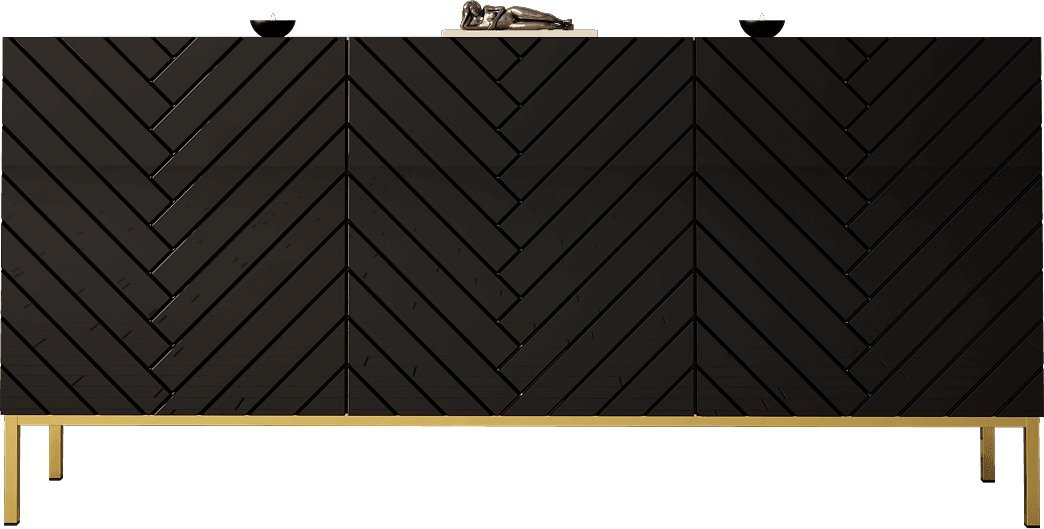 MEGSTYL KOMODA 160CM Z 3 DRZWICZKAMI NA ZŁOTYCH NÓŻKACH - GALA 2 Czarny mat - Czarny połysk