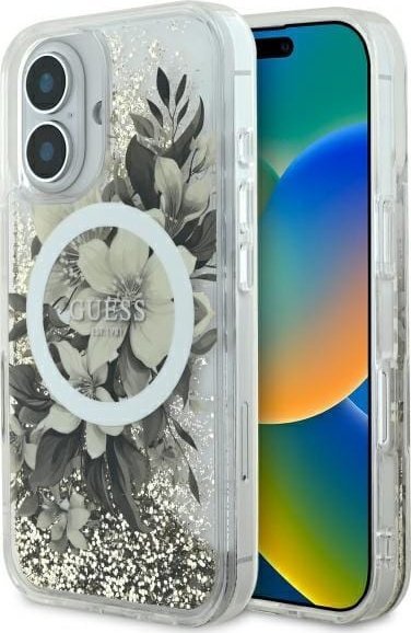 Guess Guess GUHMP16SLFMWTE iPhone 16 6.1" beżowy/beige hardcase Liquid Glitter Flower MagSafe