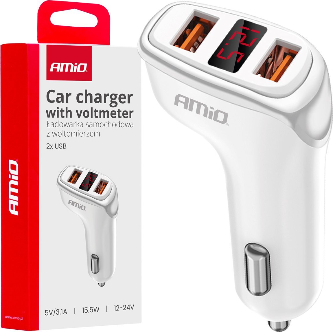 Ładowarka AMiO Ładowarka samochodowa 2x usb-a + woltomierz 3.1a amio-03887
