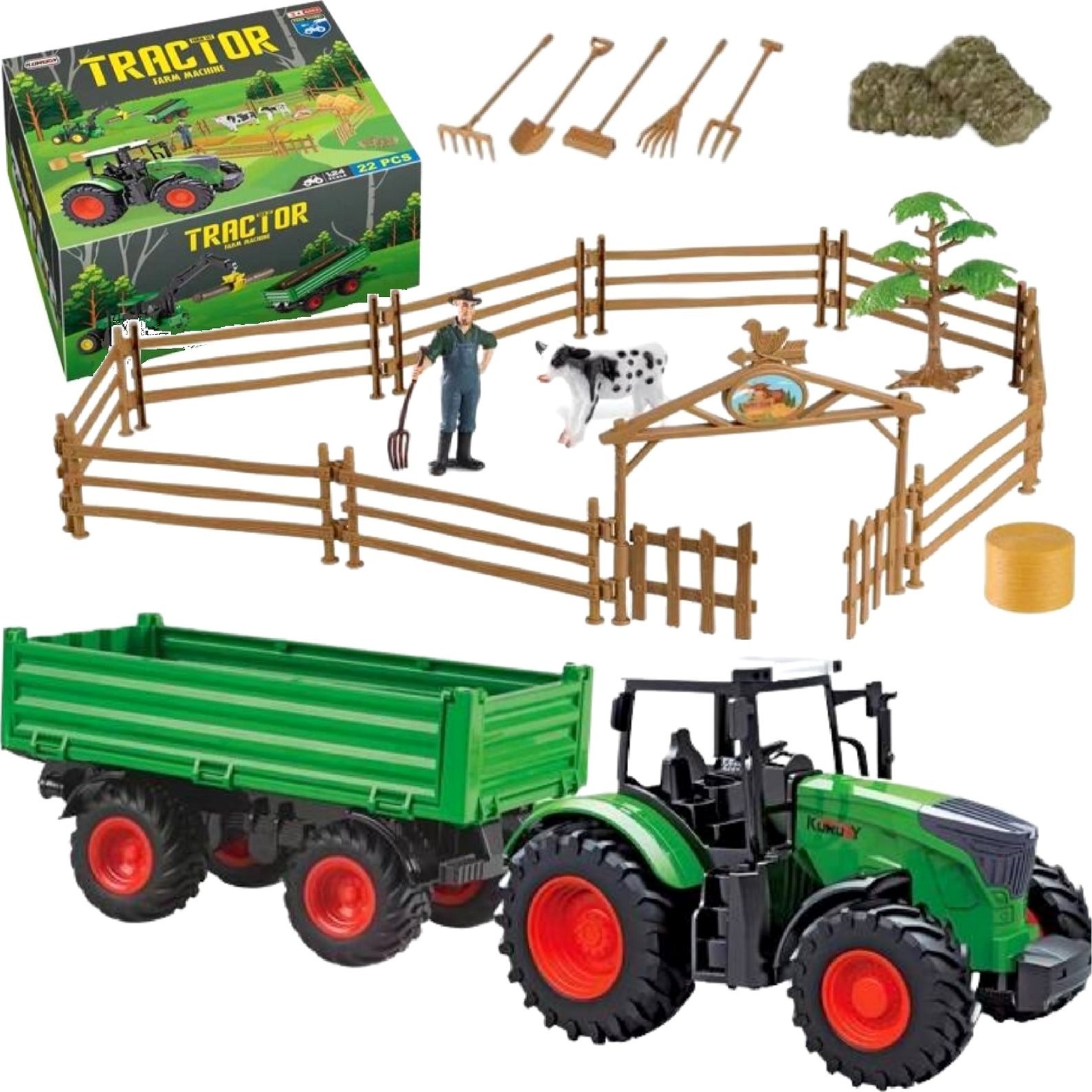 Qulki ZESTAW FARMA TRAKTOR Z PRZYCZEPĄ ZAGRODA FIGURKI ZWIERZĘTA ROLNIK