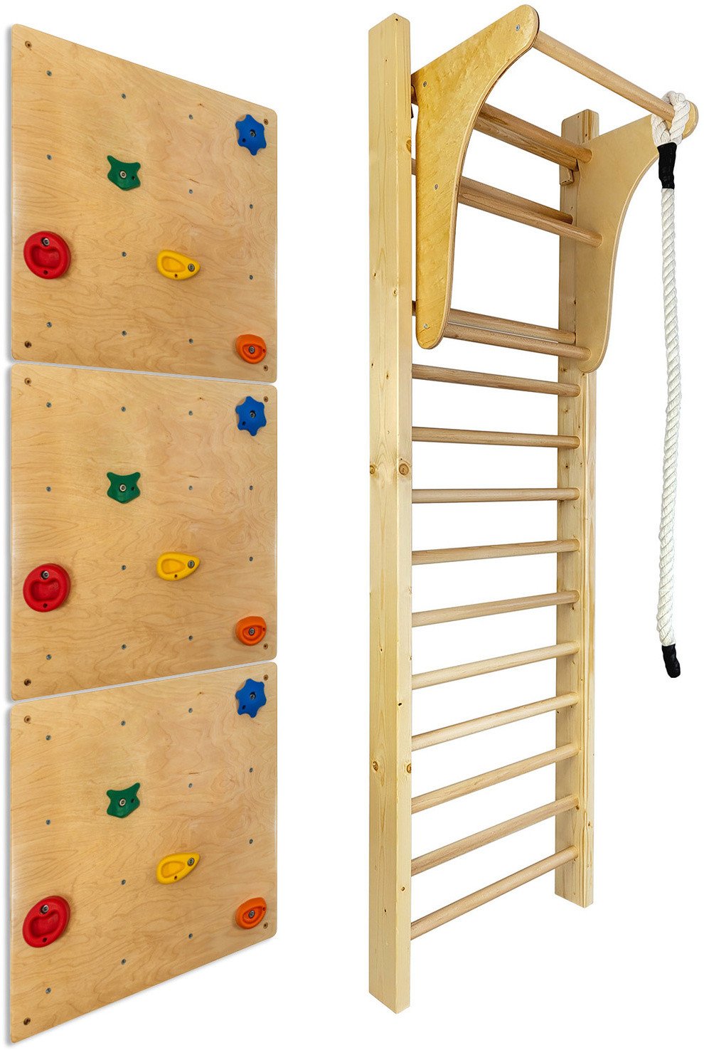 Drabinka gimnastyczna LEON 230x80 drewniana + drążek + ścianka wspinaczkowa