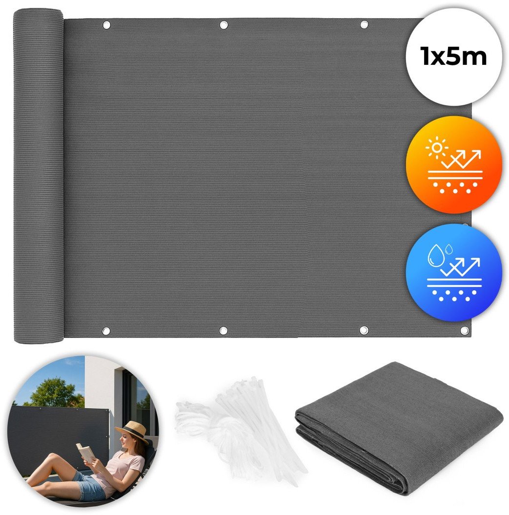 Osłona balkonowa z okuciami 100x500 cm siatka cieniująca + elementy instalacyjne szara MultiGarden