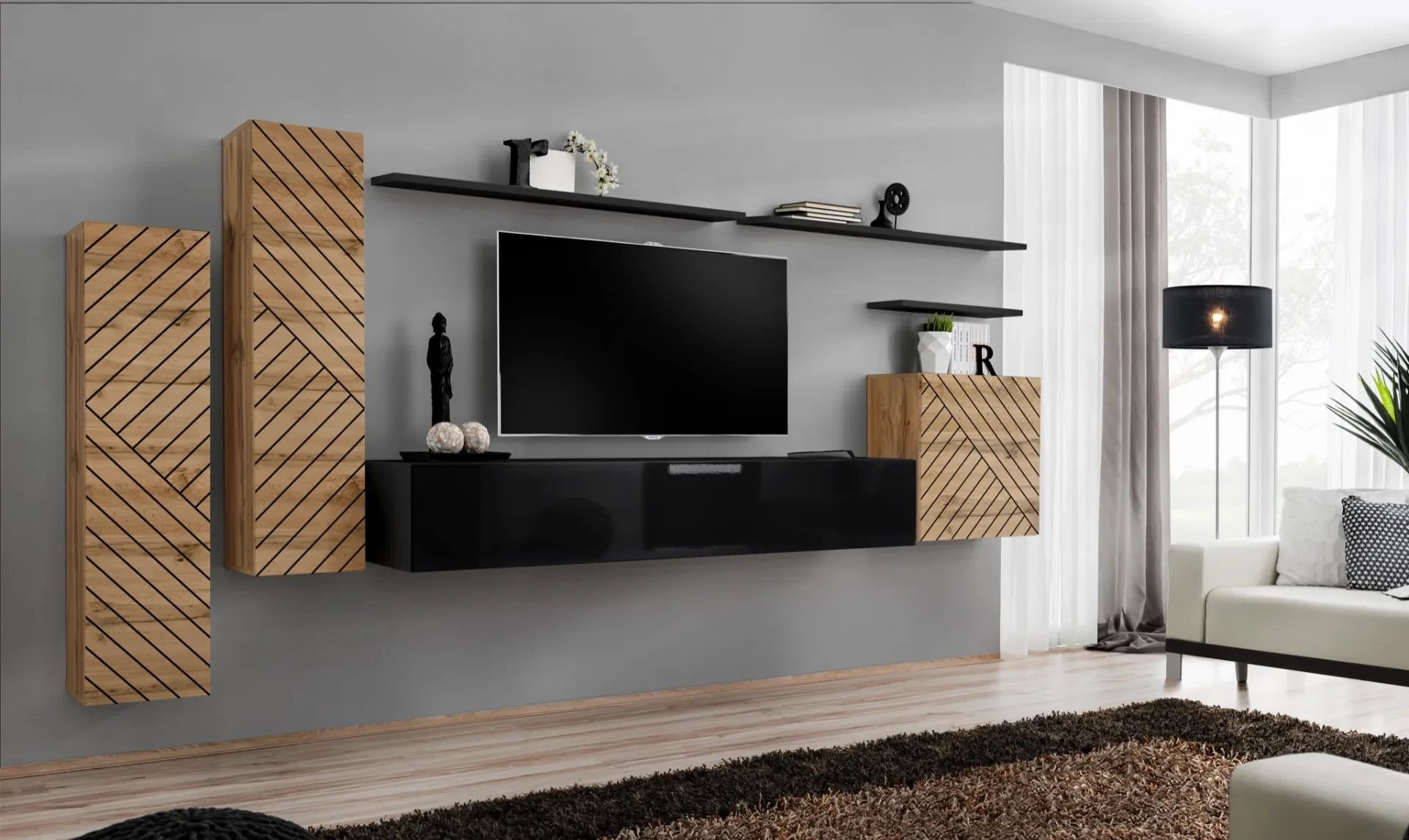 Meblościanka SWITCH LAMEL I dąb wotan/czarna ASM Meble