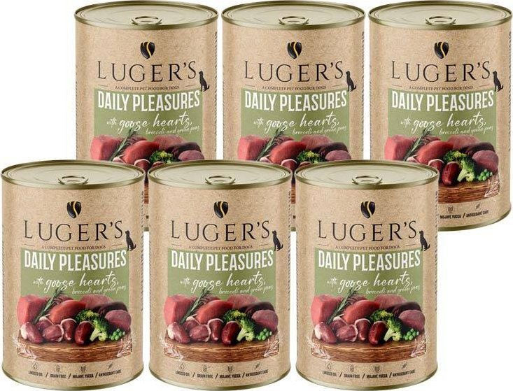 Karma mokra dla psa Luger's Daily Pleasures z sercami z gęsi, brokułem i zielonym groszkiem zestaw 6 x 400 g