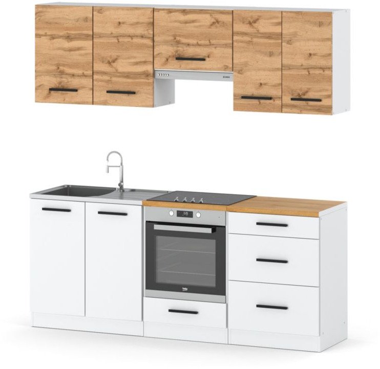 Kuchnia Modułowa 2.0m Nowoczesna Z Blatem Pojemna Biała Dąb Wotan Biała Mat