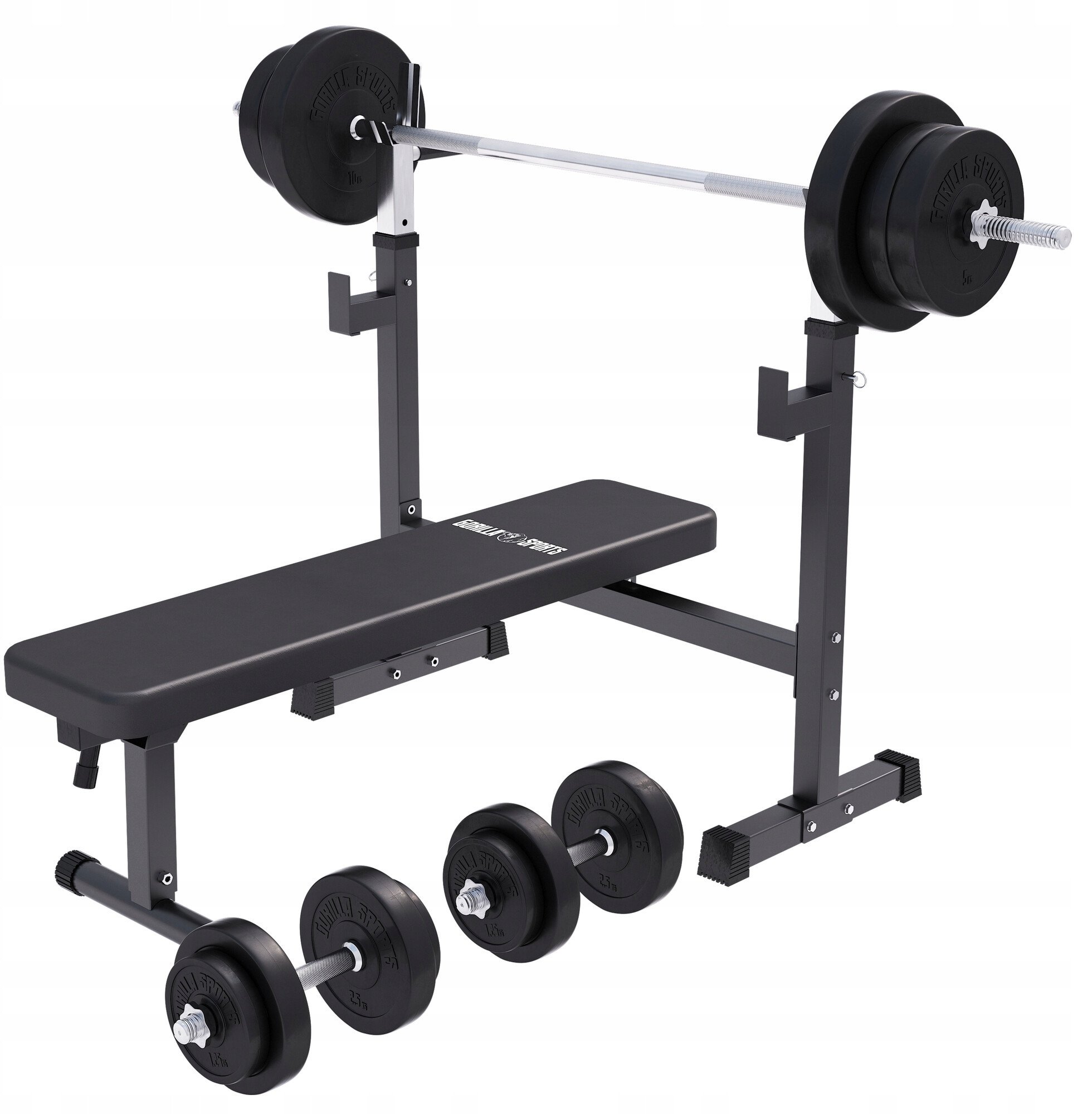 Ławka szeroka pod sztangę 3w1 zestaw bitumiczny 70 kg, sztanga i hantle