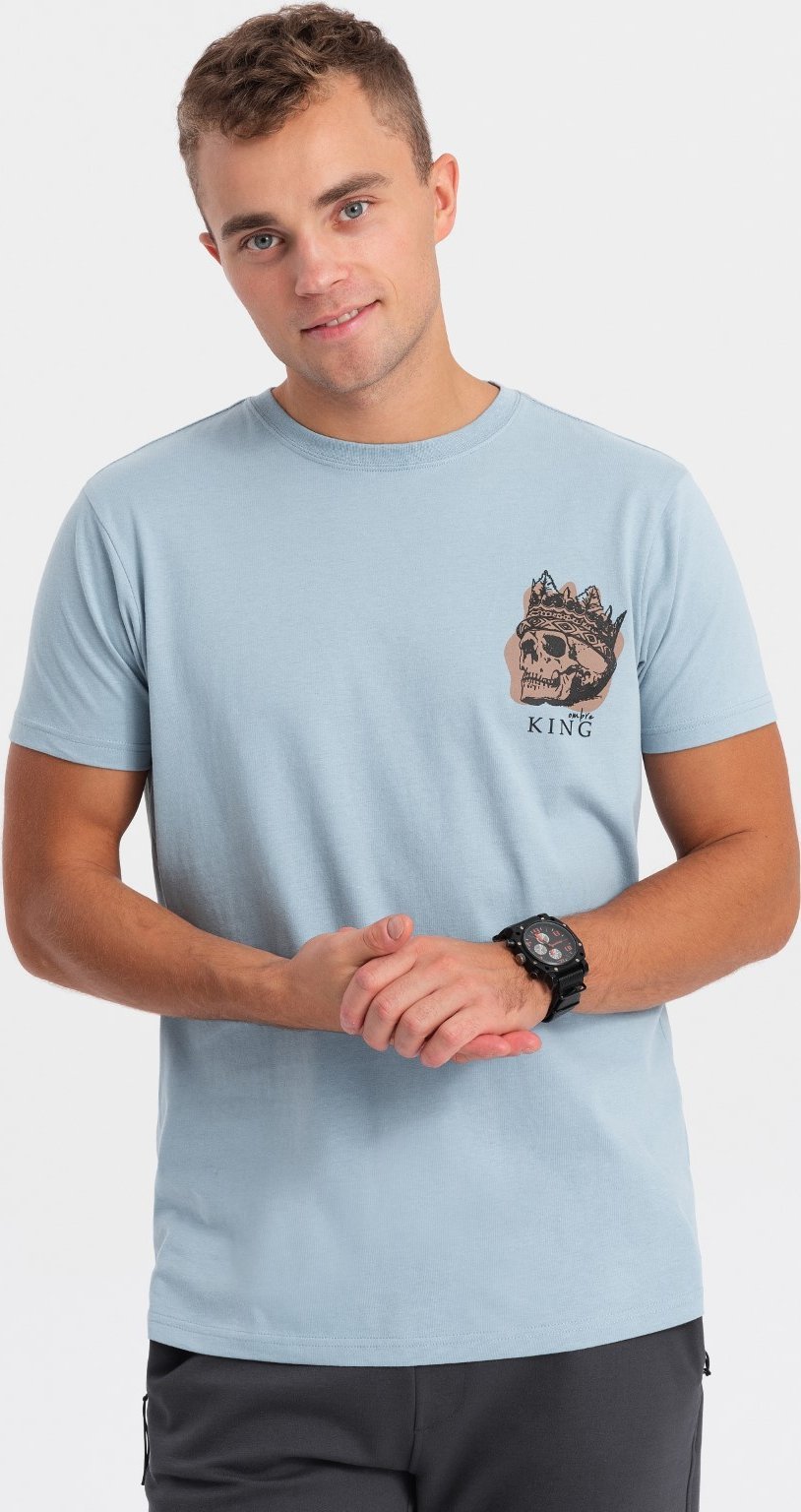 Ombre T-shirt męski bawełniany z nadrukiem na klatce piersiowej - jasnoniebieski V2 OM-TSPT-0167 XXL