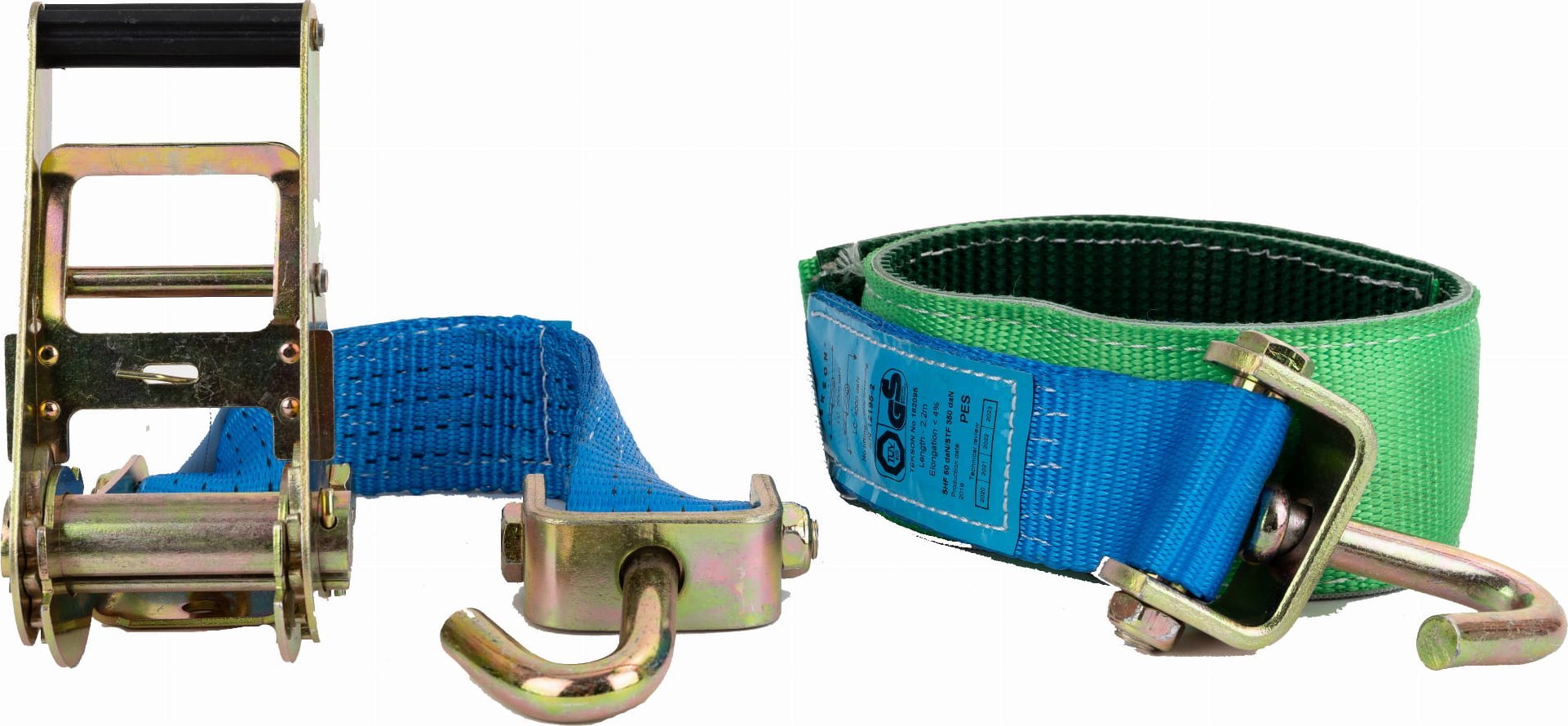 Tekson Pas Zabezpieczający 2,5m/50mm/4t Lohr 3-Punktowy Niebieski, 350 Dan, Gumowa Rączka, Z Hakiem Obrotowym, Zielona Tuba