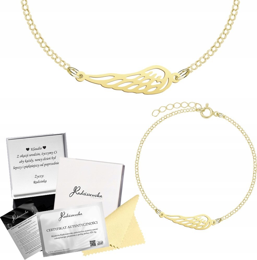 Radziszewska Jewellery Bransoletka Złota Skrzydło Anioła 925 Kryształy Prezent ŻYCZENIA GRATIS
