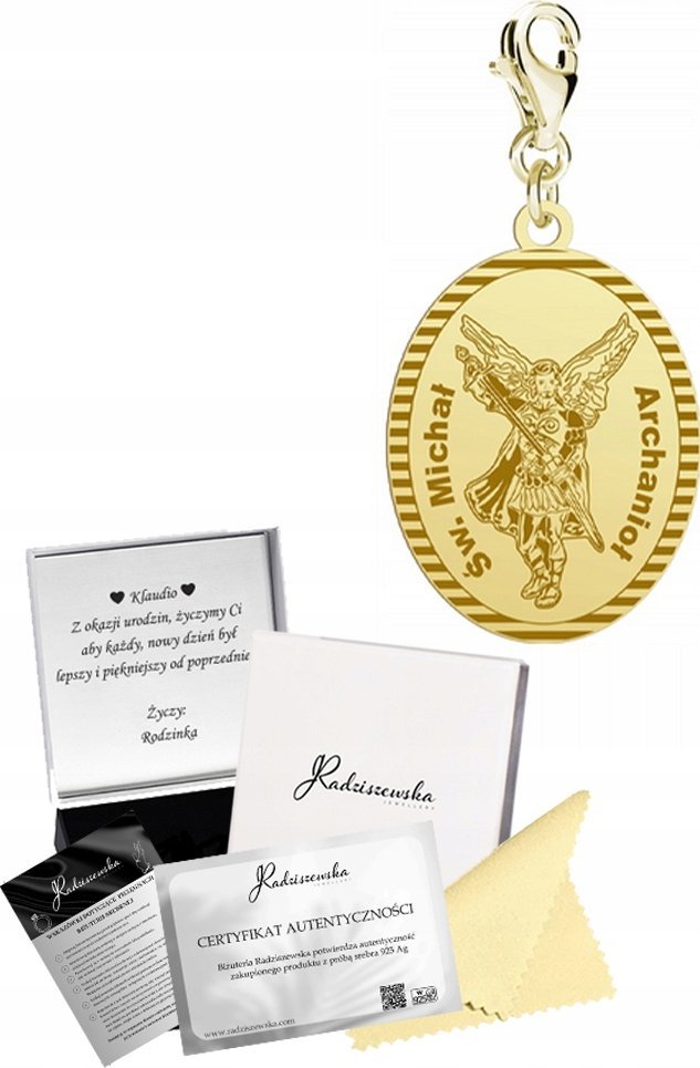 Radziszewska Jewellery Charms Pozłacany Święty Michał Archanioł Prezent Biżuteria ŻYCZENIA GRATIS
